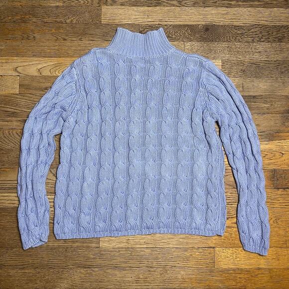 LL Bean Womens Sweater 100% Cotton Mock Neck Chunky Cable Knit Blue Medium - Picture 3 of 16